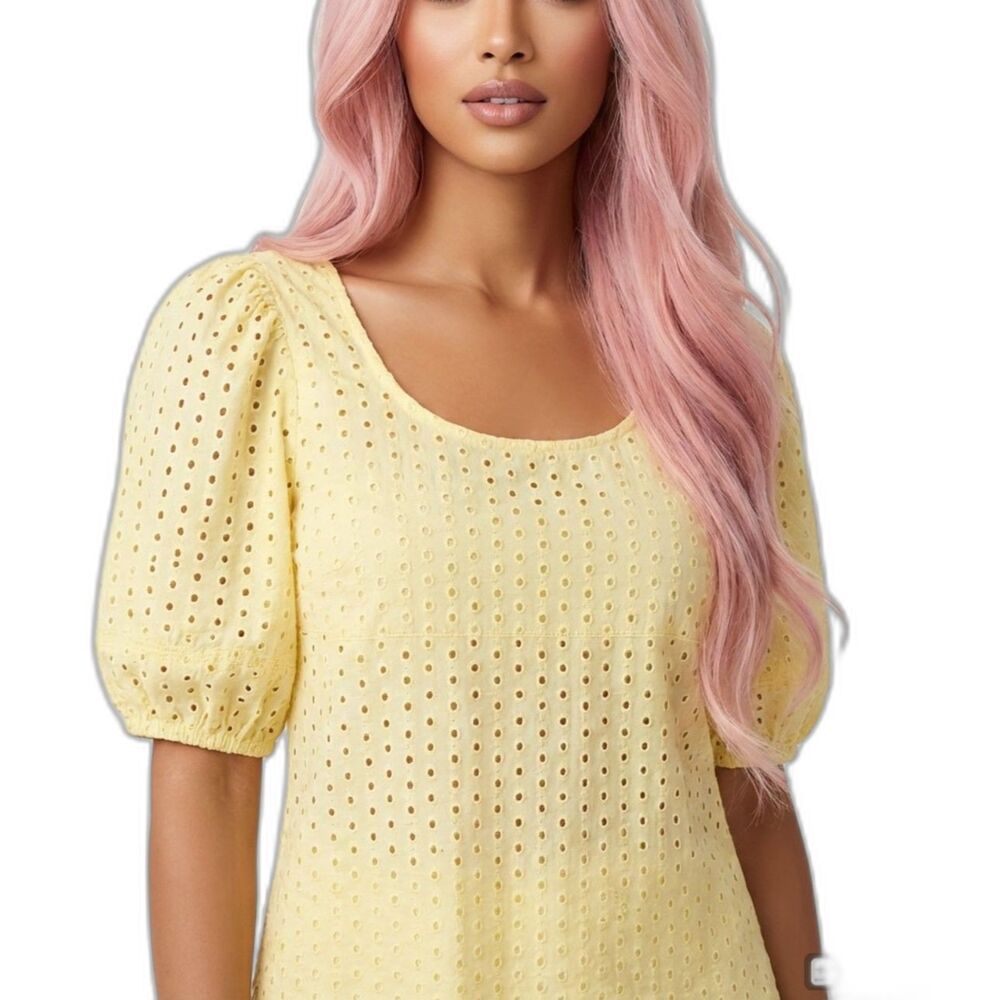 LOFT Butter Yellow Eyelet Cutout Back Bubble Sleeve Top Blouse Small